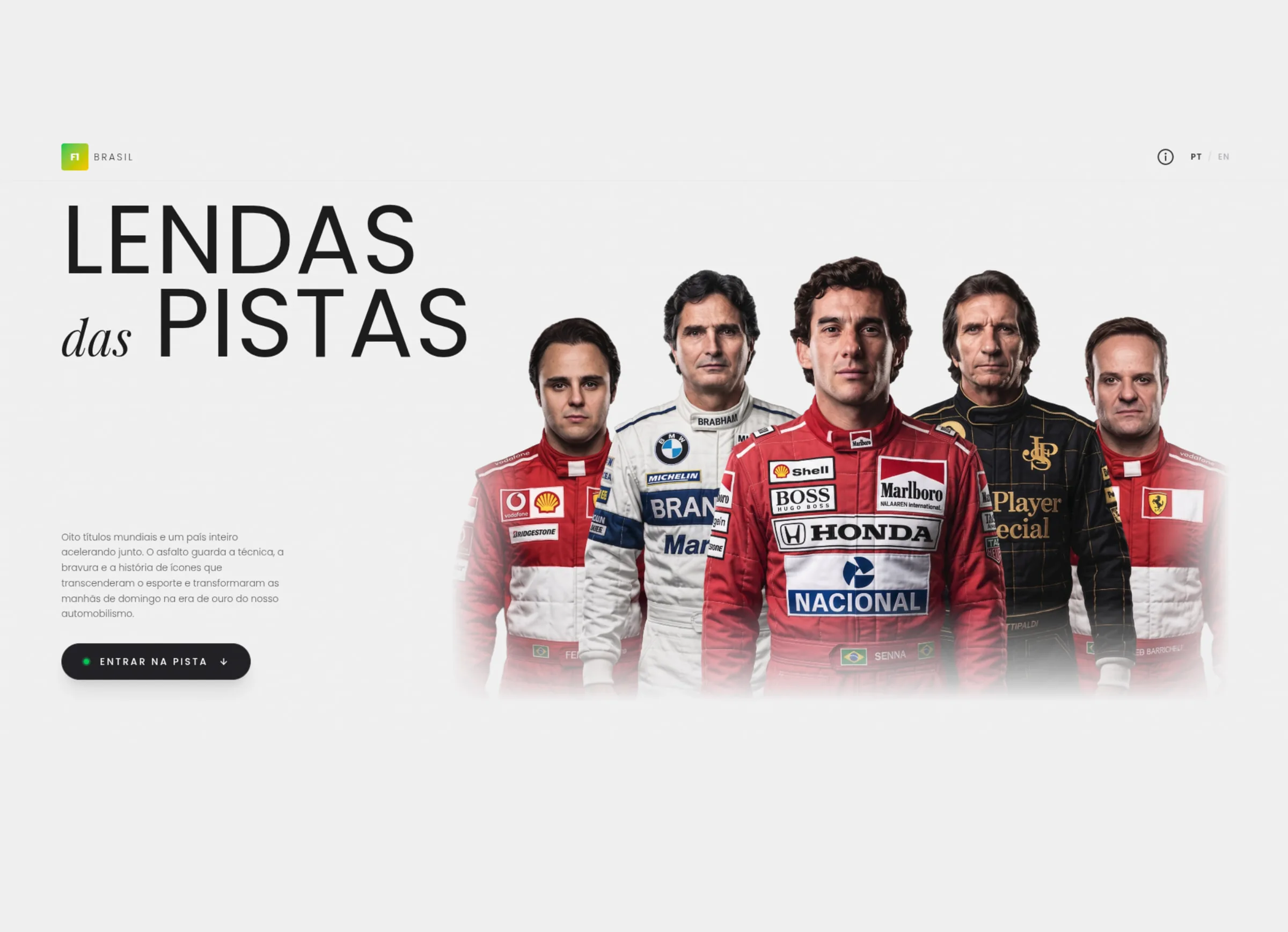 Hero do F1 Brasil com o título Lendas das Pistas e os cinco pilotos brasileiros lado a lado